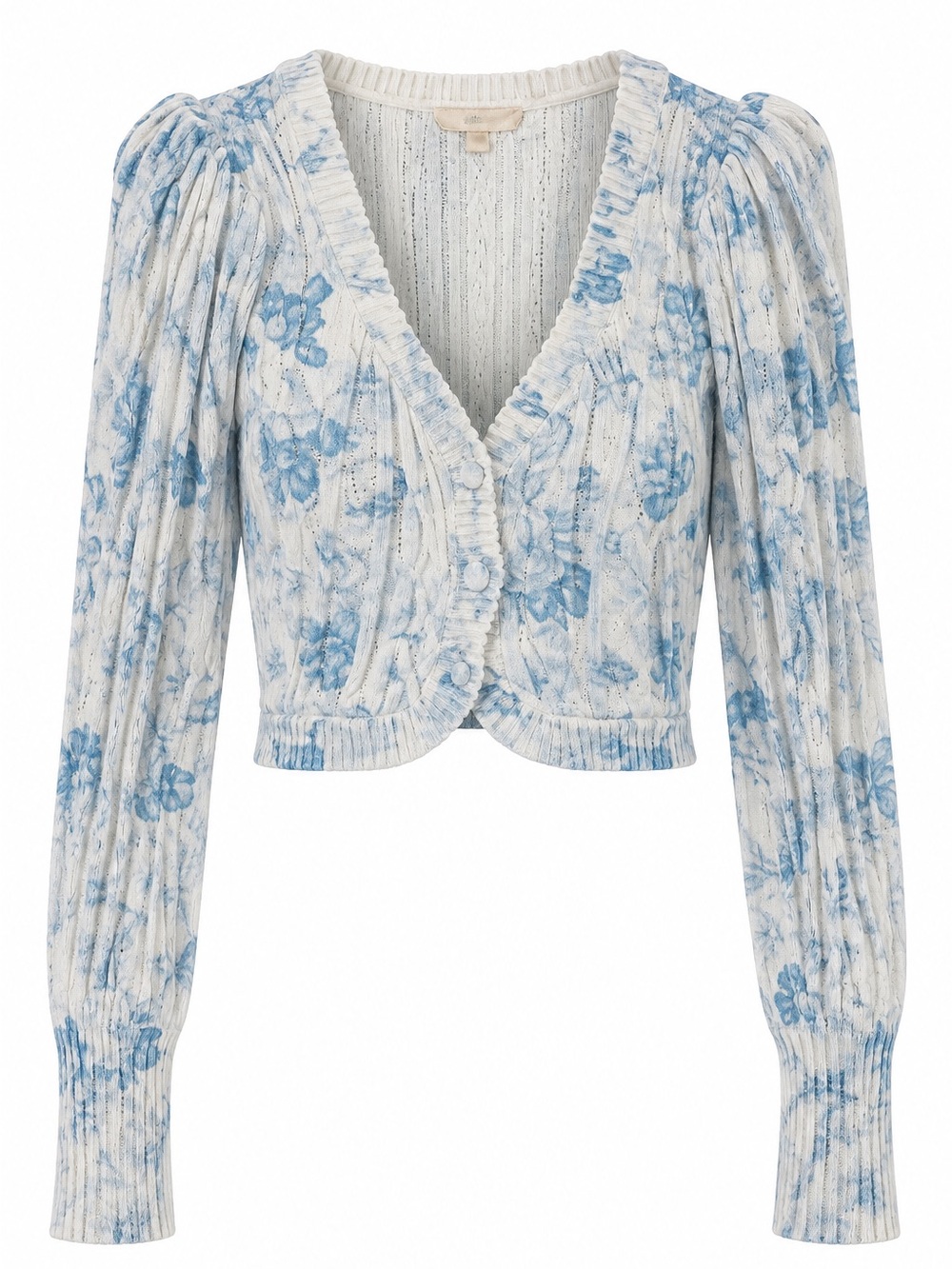 LoveShackFancy Cream and Blue Floral 100% cotton V-Neck Cardigan